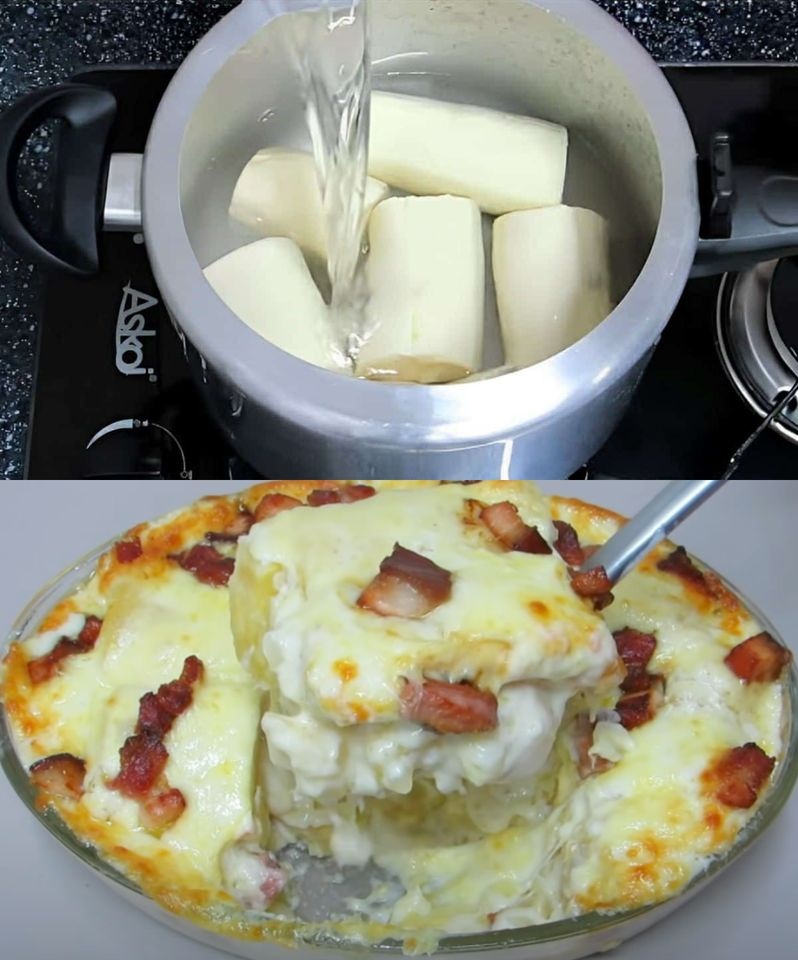 Delícia de Mandioca Gratinada com Bacon